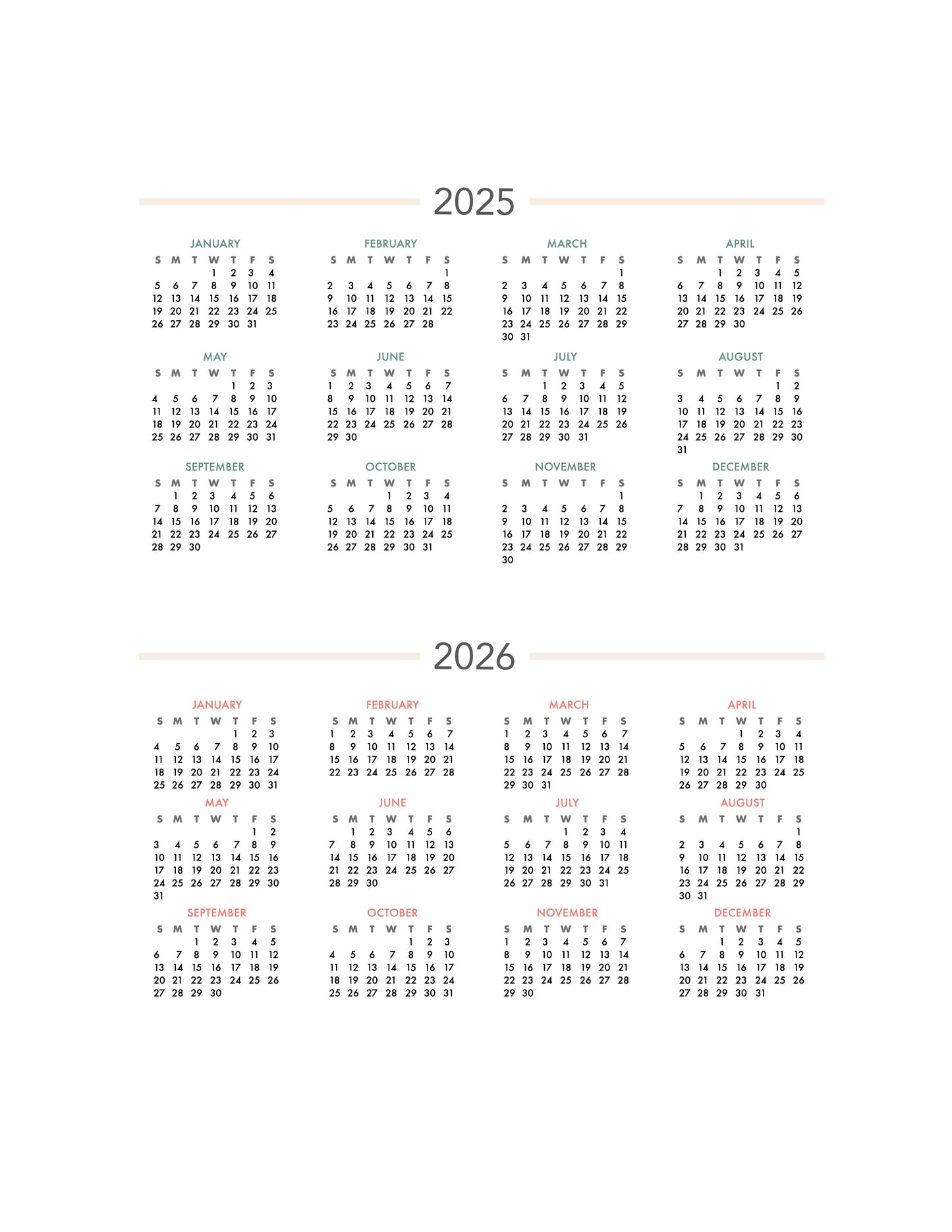 2025-2026 Calendar Year One Page Free Printable